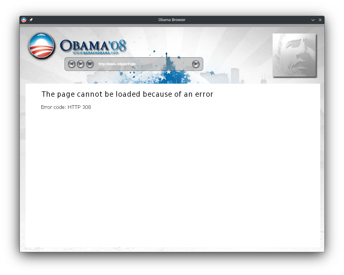 The Obama browser. The URL bar has the text "http://www.telepath.im" and the page content just says "The page cannot be loaded because of an error" and then "Error code: HTTP 308"