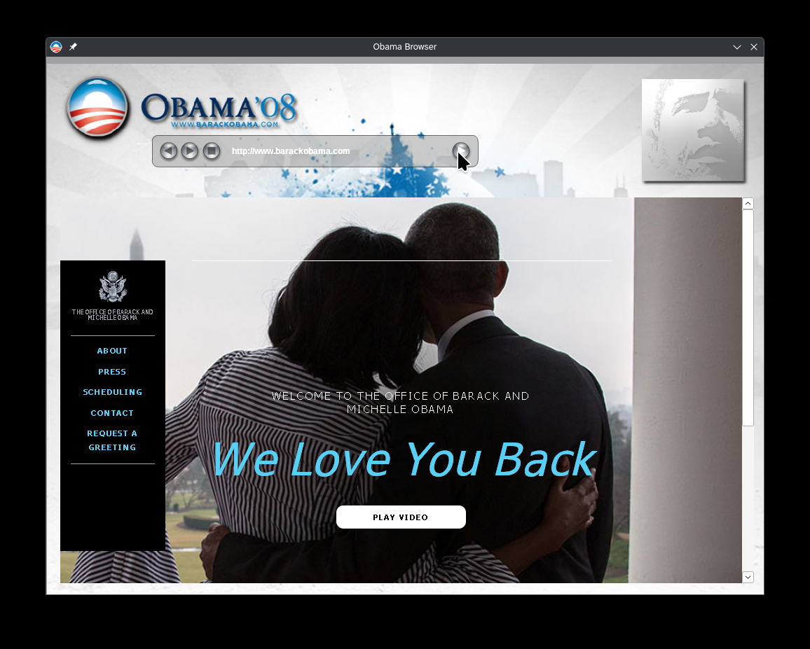 The Obama browser. The mouse pointer is over an arrow next to the URL bar.